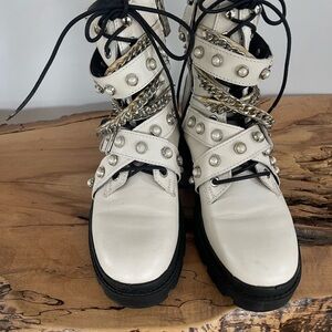 Zara - Genuine Leather boots. 
White Studded Combat/Moto Boots
